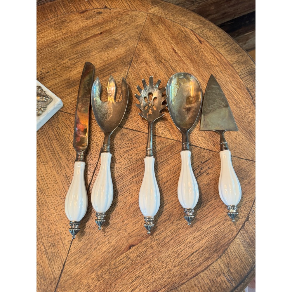 Godinger Silver Plated Serving Set 5pc White Ceramic Handles Vintage Flatware